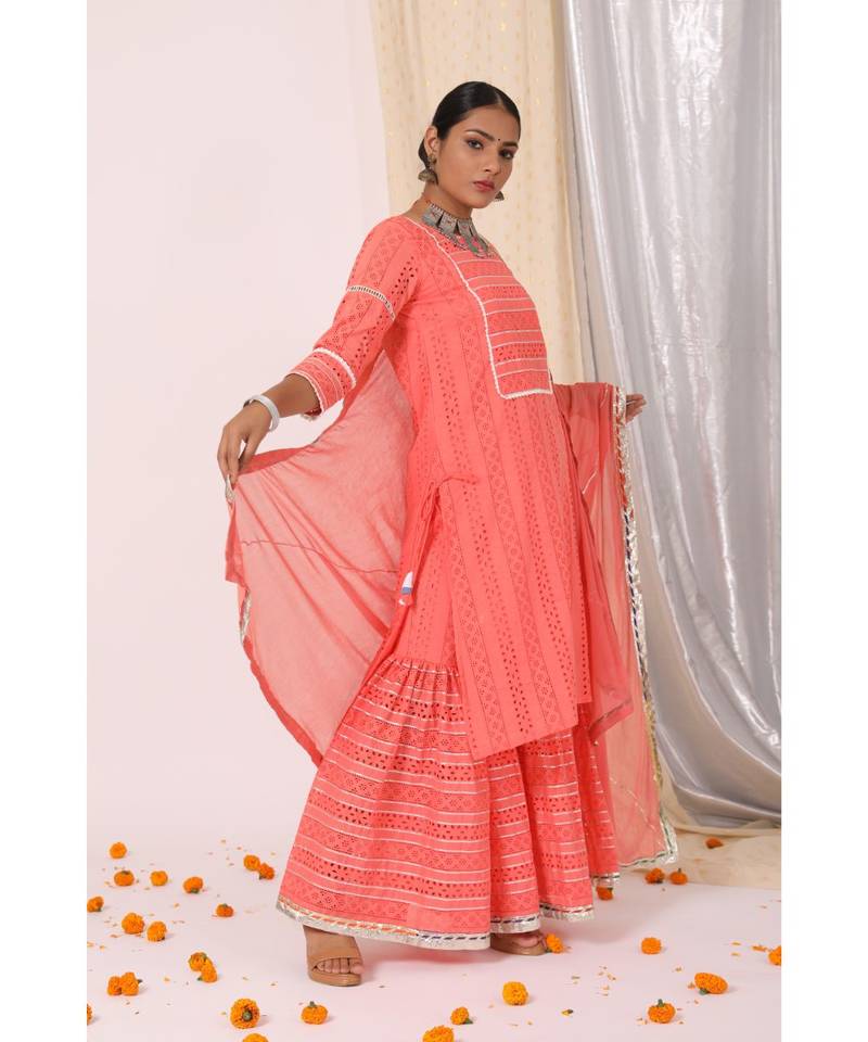 Ritika Coral Embroidered Sharara Set
