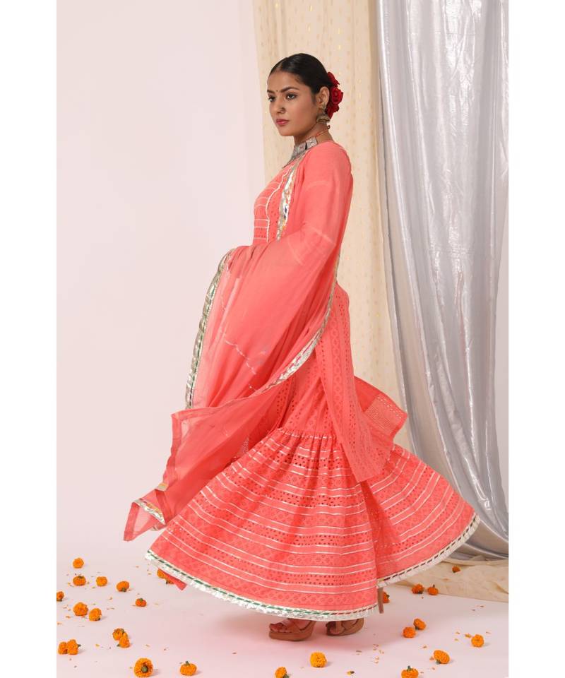 Ritika Coral Embroidered Sharara Set