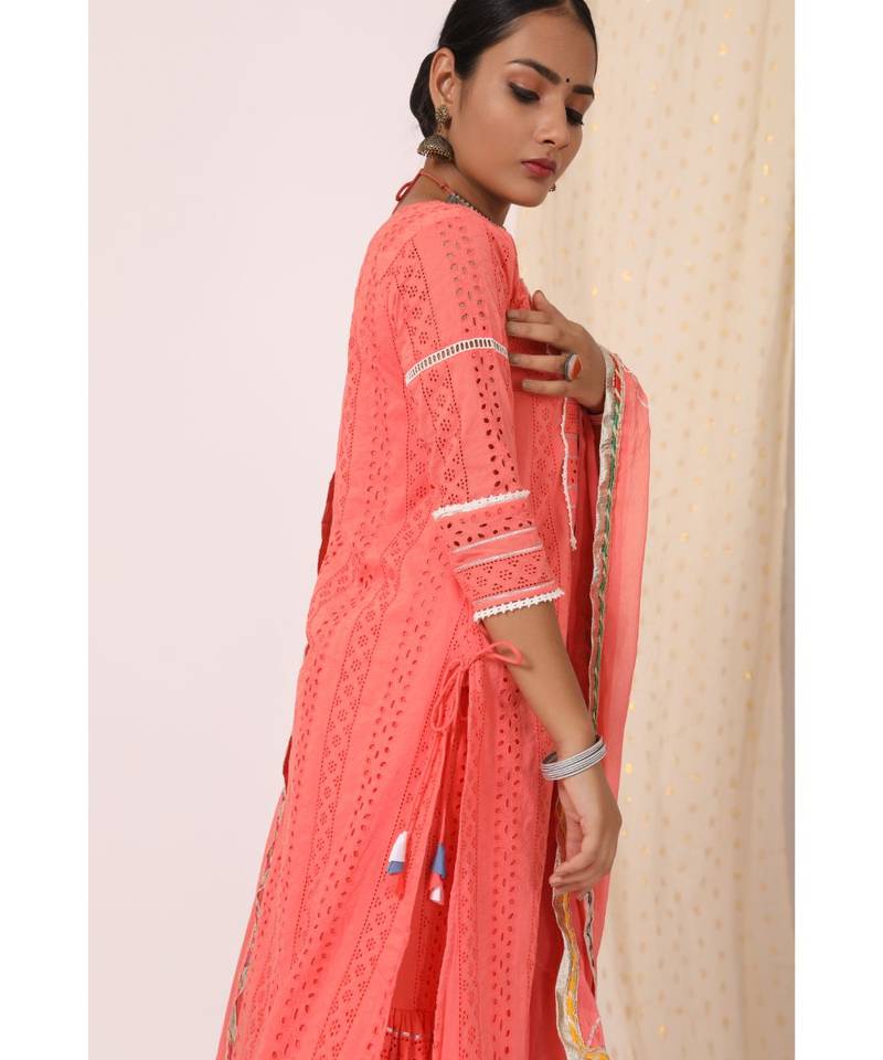Ritika Coral Embroidered Sharara Set