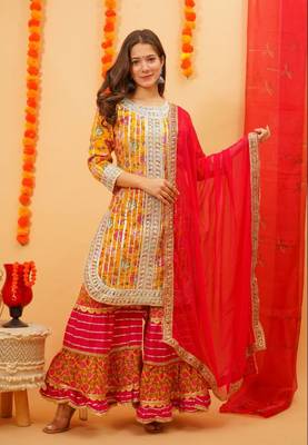 yellow cotton ethnic jaipuri printed kurti sharara wtih dupatta 1
