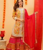 yellow cotton ethnic jaipuri printed kurti sharara wtih dupatta