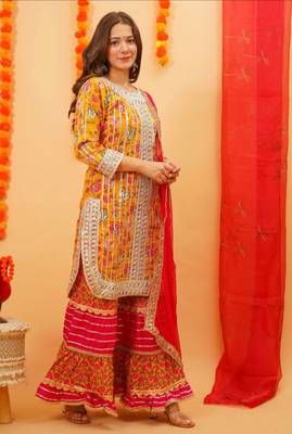 yellow cotton ethnic jaipuri printed kurti sharara wtih dupatta 2