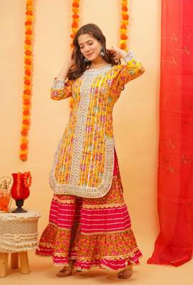 yellow cotton ethnic jaipuri printed kurti sharara wtih dupatta 3