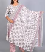 Varyaa Women's White and Pink Coloured Pure Cambric Cotton Floral Printed Kurti - Pant & Duppatta 3PCS Set