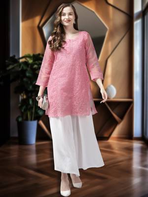 Ada Women Hand Embroidered Pink Organza Lucknowi Chikankari Short Kurti With Slip - A911164 1