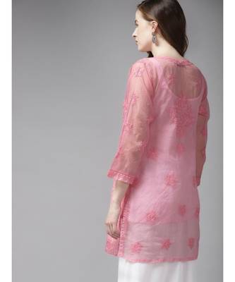 Ada Women Hand Embroidered Pink Organza Lucknowi Chikankari Short Kurti With Slip - A911164 2