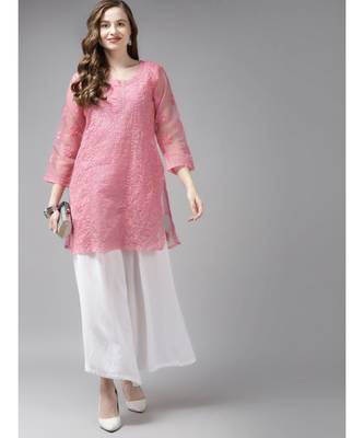 Ada Women Hand Embroidered Pink Organza Lucknowi Chikankari Short Kurti With Slip - A911164 4