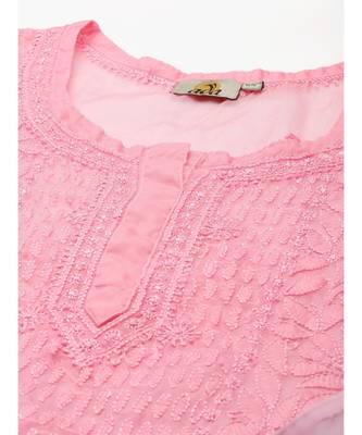 Ada Women Hand Embroidered Pink Organza Lucknowi Chikankari Short Kurti With Slip - A911164 5