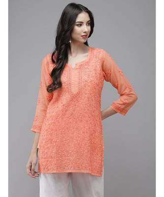 Ada Women Hand Embroidered Peach Kota Lucknow Chikankari Short Kurti With Slip - A911177 1