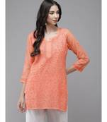 Ada Women Hand Embroidered Peach Kota Lucknow Chikankari Short Kurti With Slip - A911177