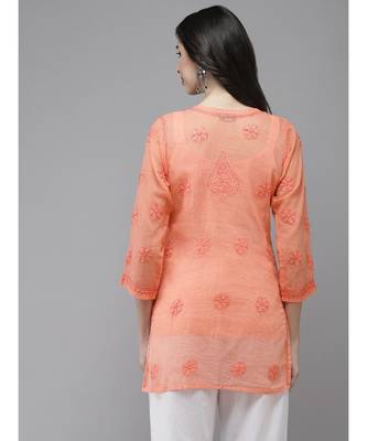 Ada Women Hand Embroidered Peach Kota Lucknow Chikankari Short Kurti With Slip - A911177 2