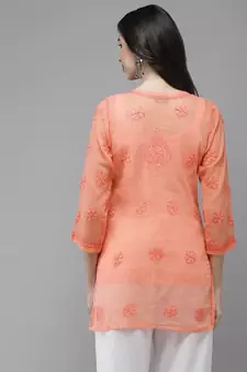 Ada Women Hand Embroidered Peach Kota Lucknow Chikankari Short Kurti With Slip - A911177