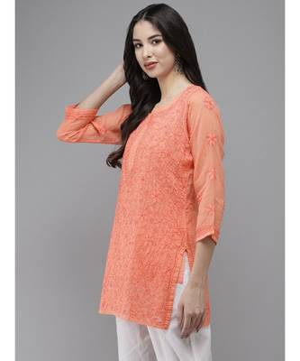 Ada Women Hand Embroidered Peach Kota Lucknow Chikankari Short Kurti With Slip - A911177 3