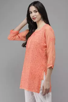 Ada Women Hand Embroidered Peach Kota Lucknow Chikankari Short Kurti With Slip - A911177