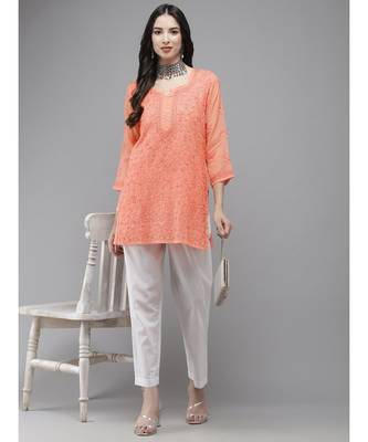 Ada Women Hand Embroidered Peach Kota Lucknow Chikankari Short Kurti With Slip - A911177 4