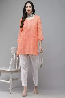 Ada Women Hand Embroidered Peach Kota Lucknow Chikankari Short Kurti With Slip - A911177
