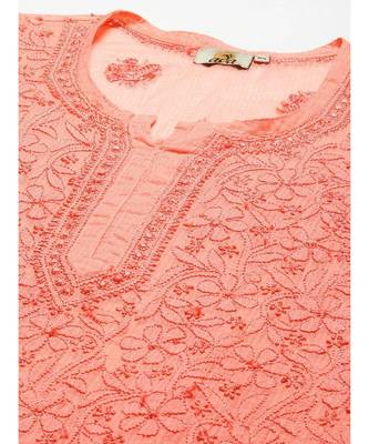 Ada Women Hand Embroidered Peach Kota Lucknow Chikankari Short Kurti With Slip - A911177 5