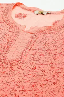Ada Women Hand Embroidered Peach Kota Lucknow Chikankari Short Kurti With Slip - A911177