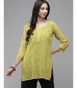 Women Hand Embroidered Lime Green Kota Lucknow Chikankari Short Kurti With Slip