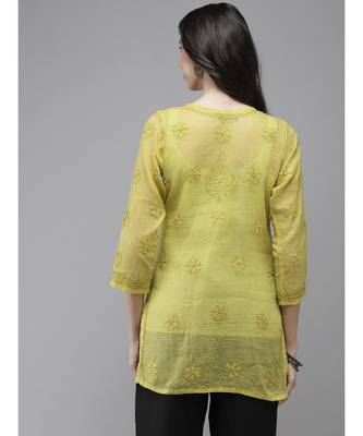Women Hand Embroidered Lime Green Kota Lucknow Chikankari Short Kurti With Slip 2