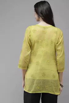 Women Hand Embroidered Lime Green Kota Lucknow Chikankari Short Kurti With Slip