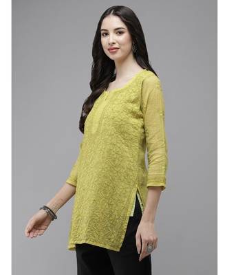 Women Hand Embroidered Lime Green Kota Lucknow Chikankari Short Kurti With Slip 3