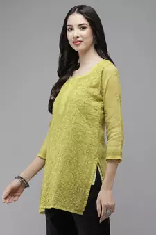 Women Hand Embroidered Lime Green Kota Lucknow Chikankari Short Kurti With Slip