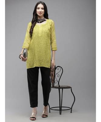 Women Hand Embroidered Lime Green Kota Lucknow Chikankari Short Kurti With Slip 4