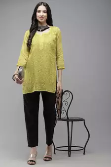 Women Hand Embroidered Lime Green Kota Lucknow Chikankari Short Kurti With Slip