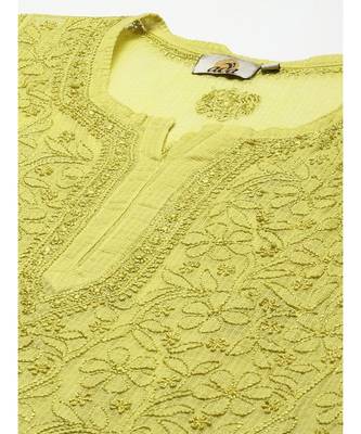 Women Hand Embroidered Lime Green Kota Lucknow Chikankari Short Kurti With Slip 5