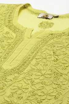 Women Hand Embroidered Lime Green Kota Lucknow Chikankari Short Kurti With Slip