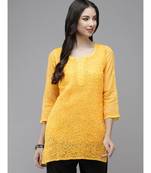 Women Hand Embroidered Yellow Kota Lucknow Chikankari Short Kurti With Slip