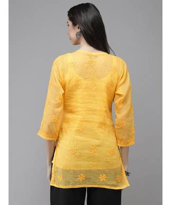 Women Hand Embroidered Yellow Kota Lucknow Chikankari Short Kurti With Slip 2