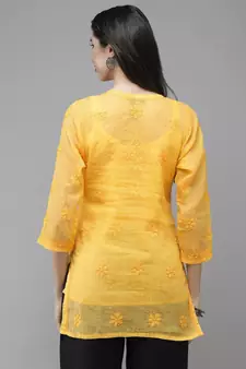 Women Hand Embroidered Yellow Kota Lucknow Chikankari Short Kurti With Slip