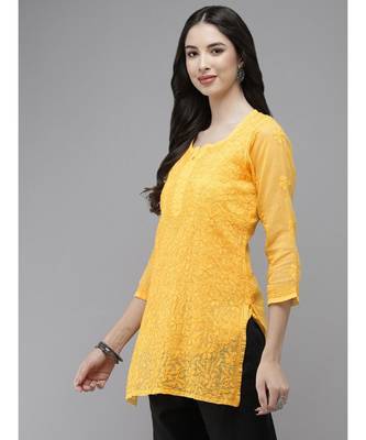 Women Hand Embroidered Yellow Kota Lucknow Chikankari Short Kurti With Slip 3
