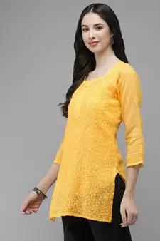Women Hand Embroidered Yellow Kota Lucknow Chikankari Short Kurti With Slip