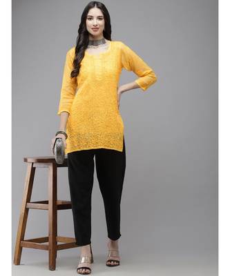 Women Hand Embroidered Yellow Kota Lucknow Chikankari Short Kurti With Slip 4