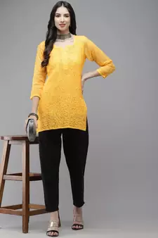 Women Hand Embroidered Yellow Kota Lucknow Chikankari Short Kurti With Slip