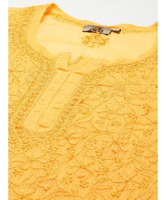 Women Hand Embroidered Yellow Kota Lucknow Chikankari Short Kurti With Slip 5