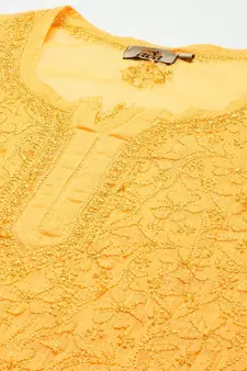 Women Hand Embroidered Yellow Kota Lucknow Chikankari Short Kurti With Slip