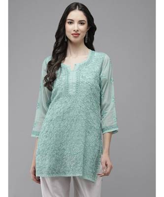 Women Hand Embroidered Turquoise Blue Kota Lucknowi Chikankari Short Kurti With Slip 1