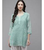 Women Hand Embroidered Turquoise Blue Kota Lucknowi Chikankari Short Kurti With Slip