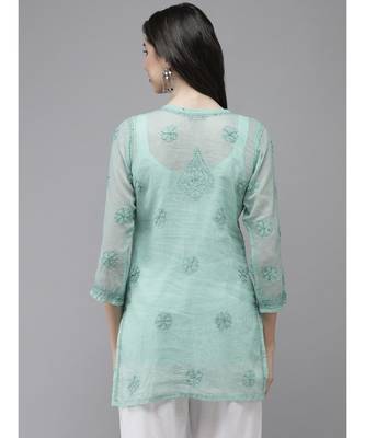 Women Hand Embroidered Turquoise Blue Kota Lucknowi Chikankari Short Kurti With Slip 2