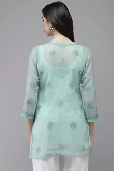 Women Hand Embroidered Turquoise Blue Kota Lucknowi Chikankari Short Kurti With Slip