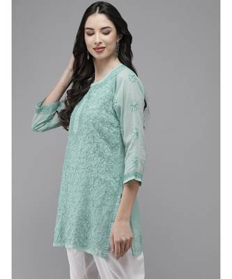 Women Hand Embroidered Turquoise Blue Kota Lucknowi Chikankari Short Kurti With Slip 3