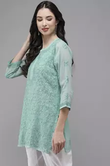 Women Hand Embroidered Turquoise Blue Kota Lucknowi Chikankari Short Kurti With Slip