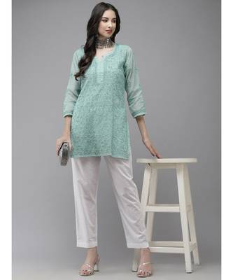 Women Hand Embroidered Turquoise Blue Kota Lucknowi Chikankari Short Kurti With Slip 4