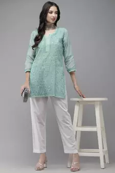 Women Hand Embroidered Turquoise Blue Kota Lucknowi Chikankari Short Kurti With Slip