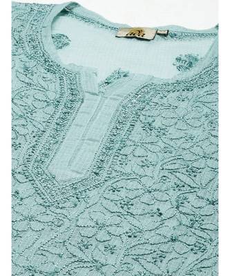 Women Hand Embroidered Turquoise Blue Kota Lucknowi Chikankari Short Kurti With Slip 5