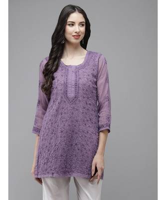 Women Hand Embroidered Purple Kota Lucknowi Chikankari Short Kurti With Slip 1